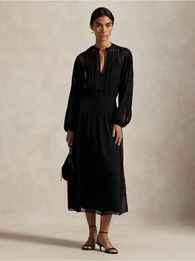 Ralph Lauren lace trim Black Long Sleeve Midi Dress - Elegant Women's Dress